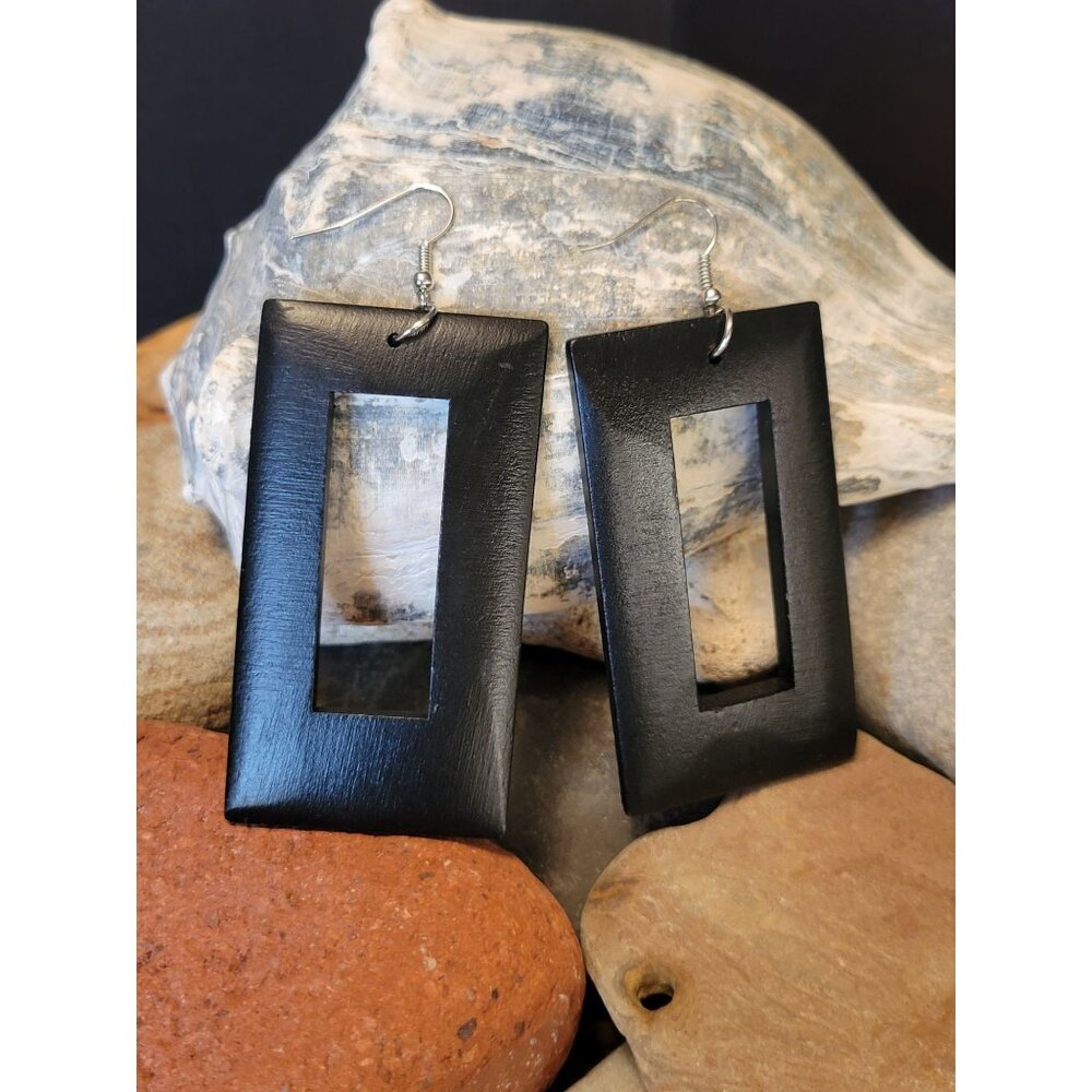 Wood Earrings Geometric Black Rectangular Cutout Dangles